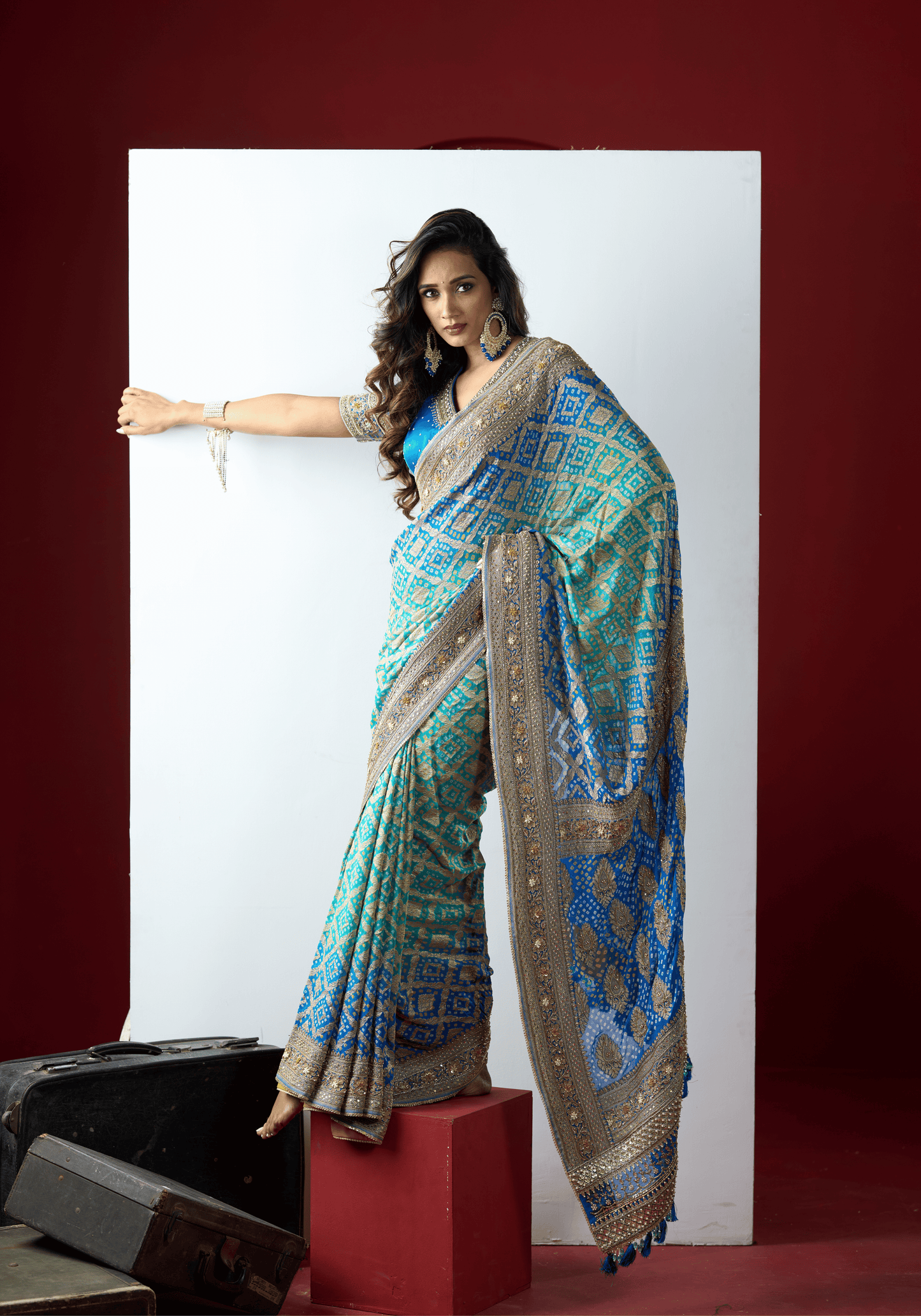 Royal Blue Bandhani Embroidered Saree