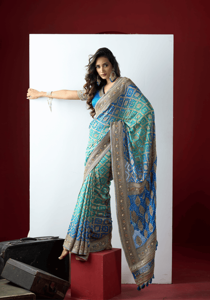 Royal Blue Bandhani Embroidered Saree