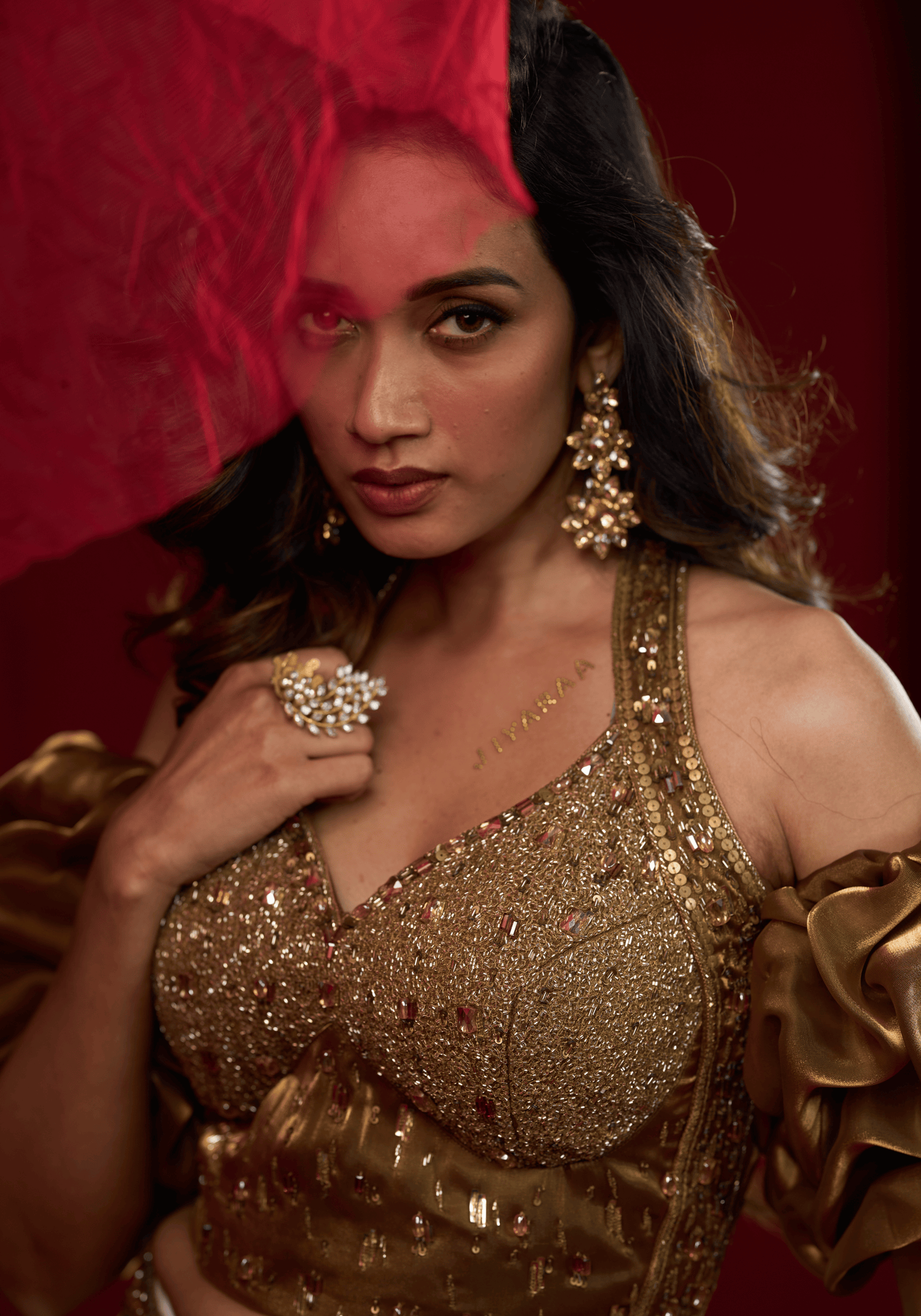 Golden Puff Sleeve Lehenga Set