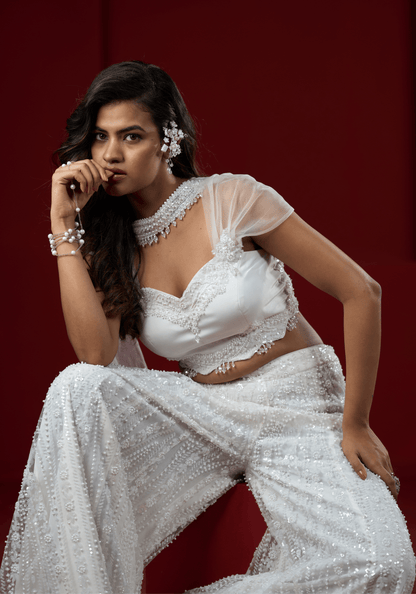 Pearl White Embellished Pre-Draped Saree