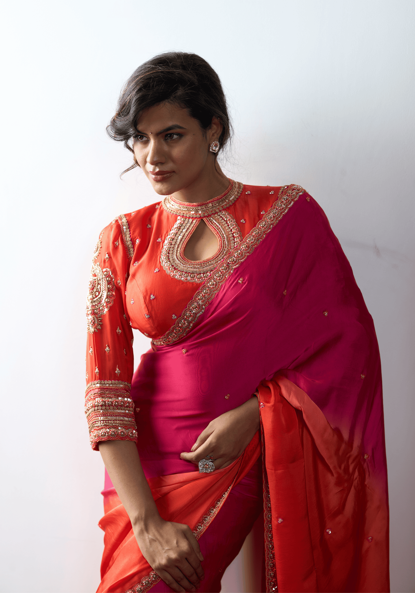 Sunset Pink Ombre Pre-Draped Saree