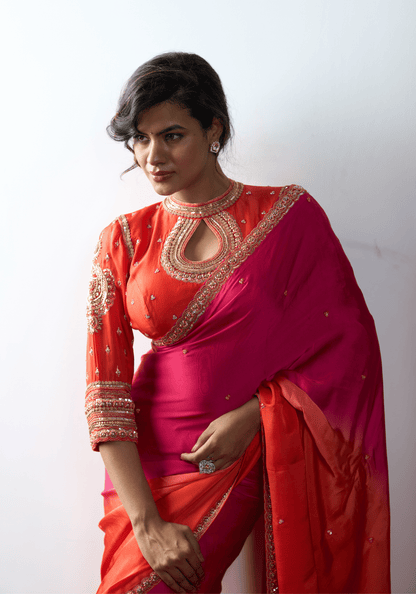 Sunset Pink Ombre Pre-Draped Saree