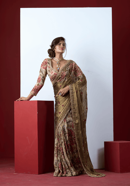 Olive Floral Embroidered Saree Set