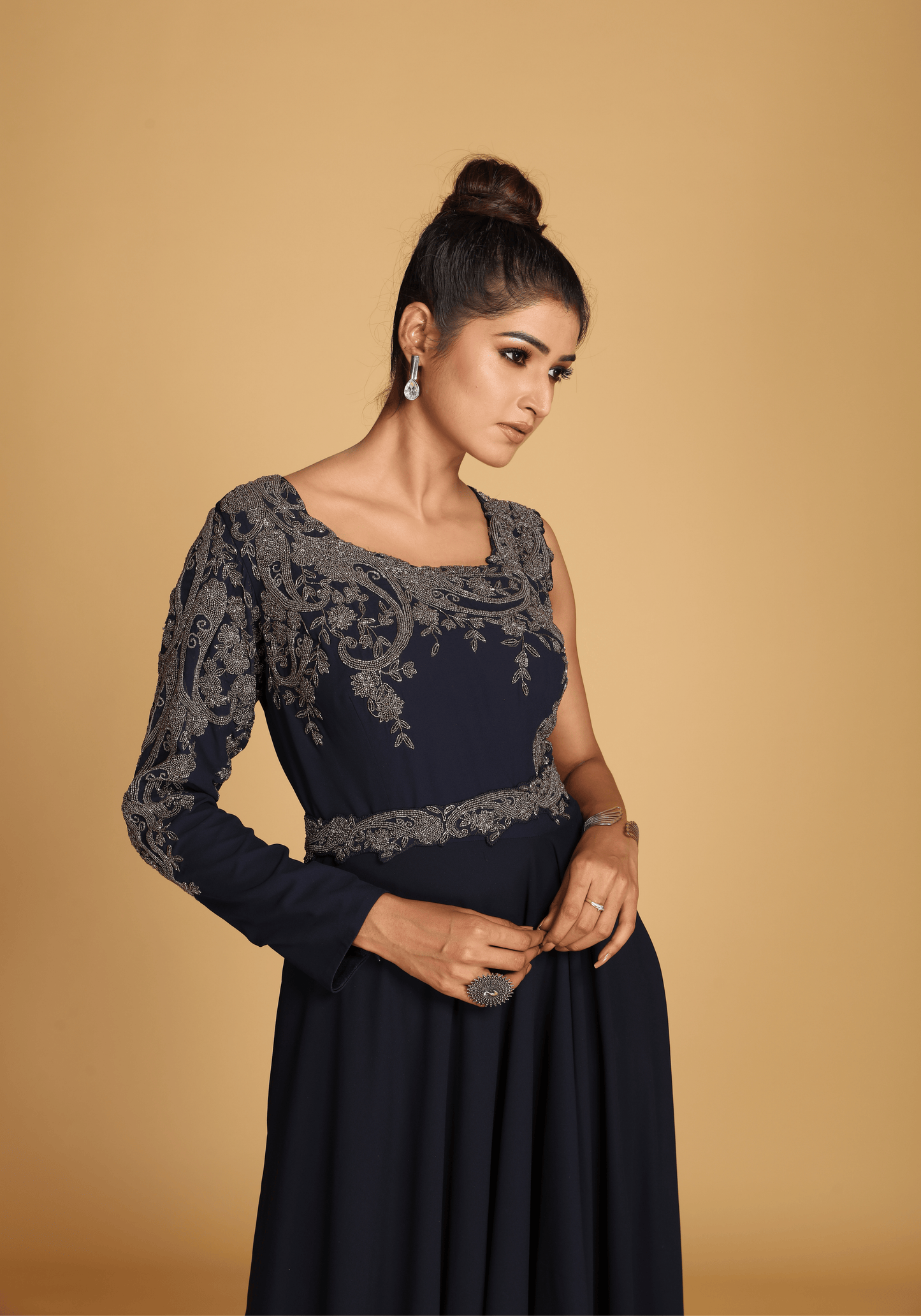 Midnight One-Shoulder Embroidered Gown