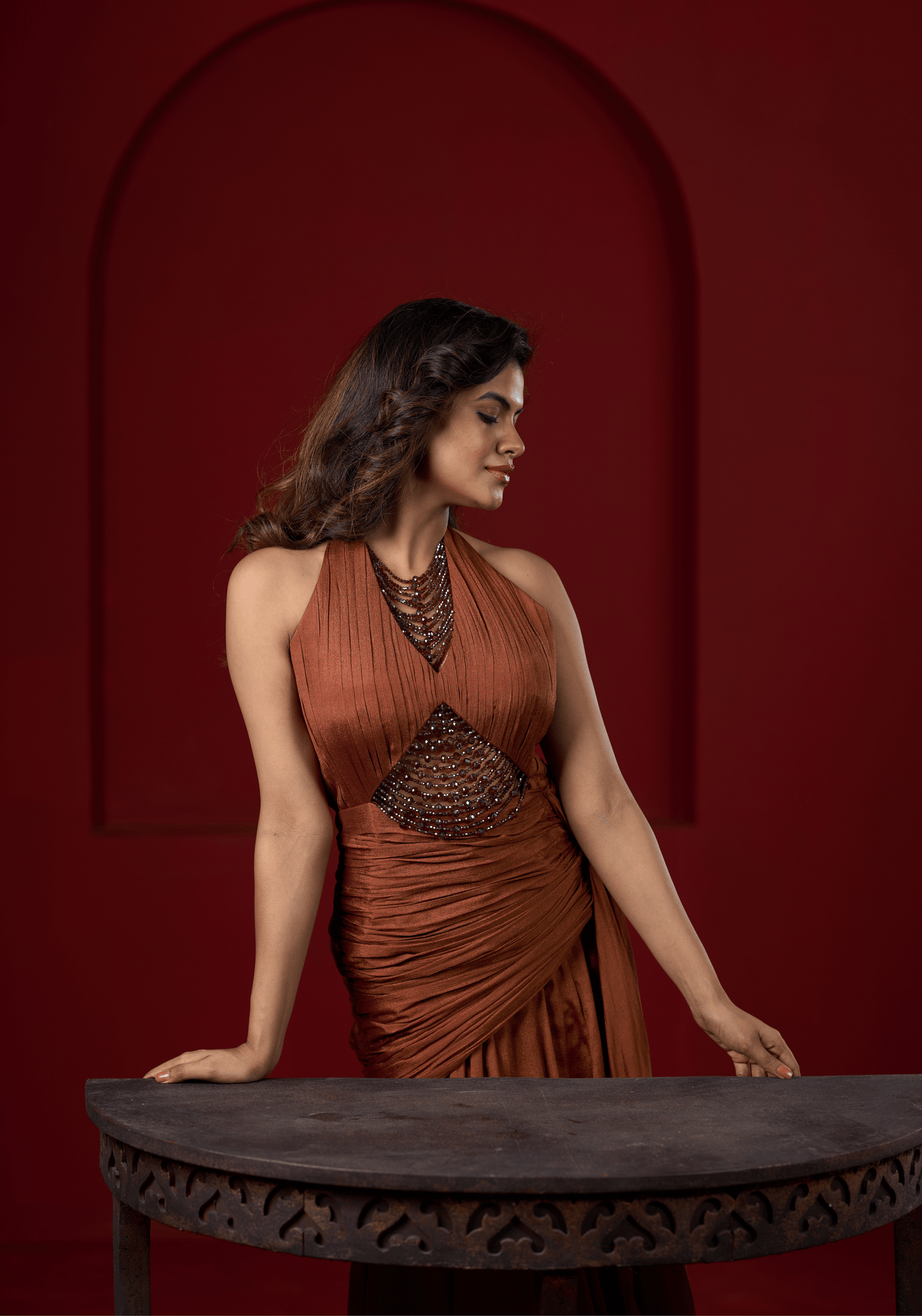 Rust Brown Halter Drape Gown