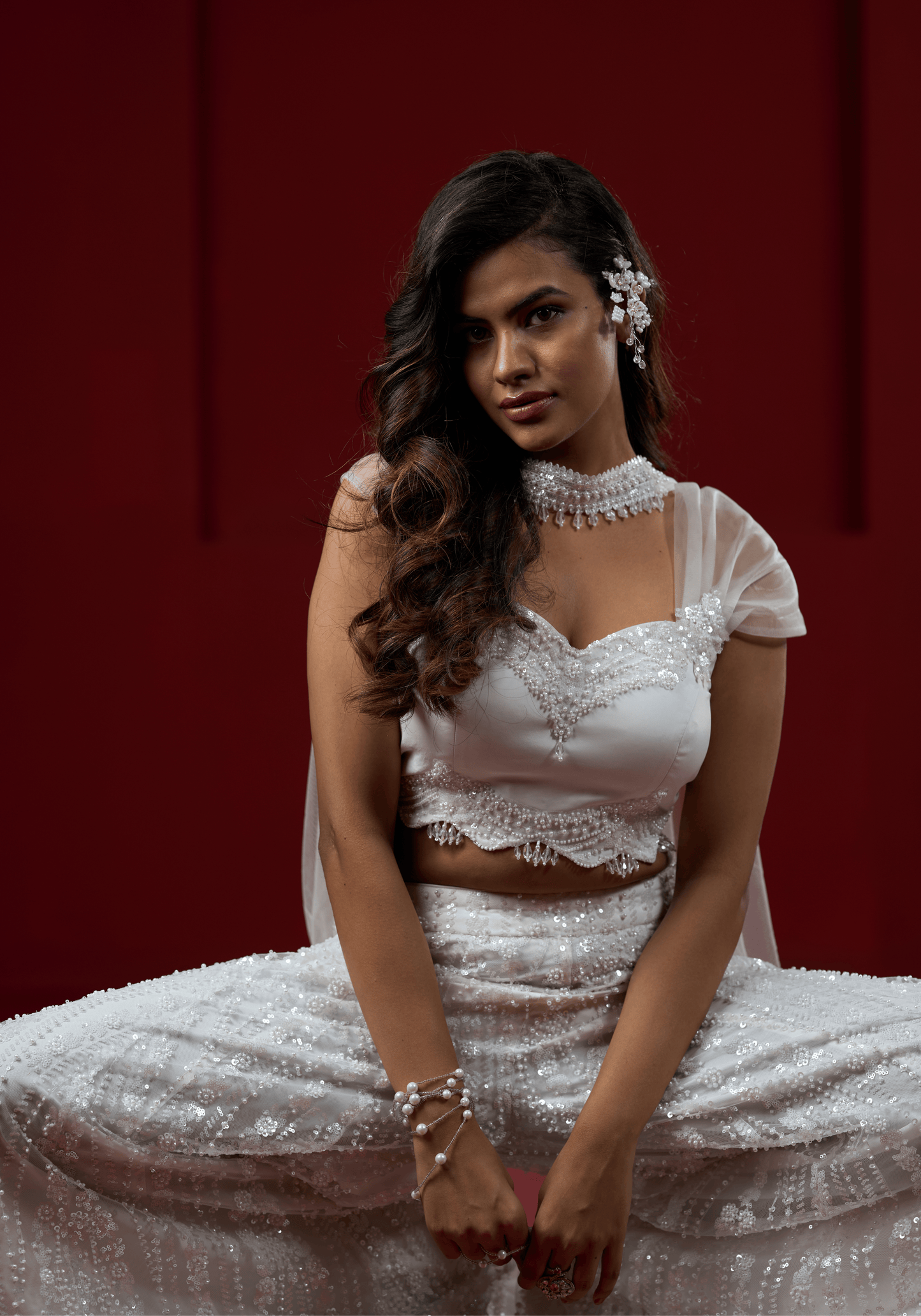 Pearl White Embellished Pre-Draped Saree