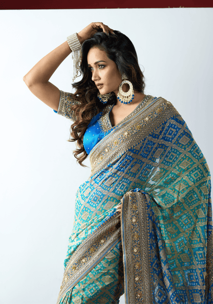 Royal Blue Bandhani Embroidered Saree