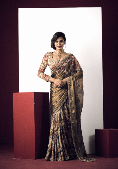 Olive Floral Embroidered Saree Set
